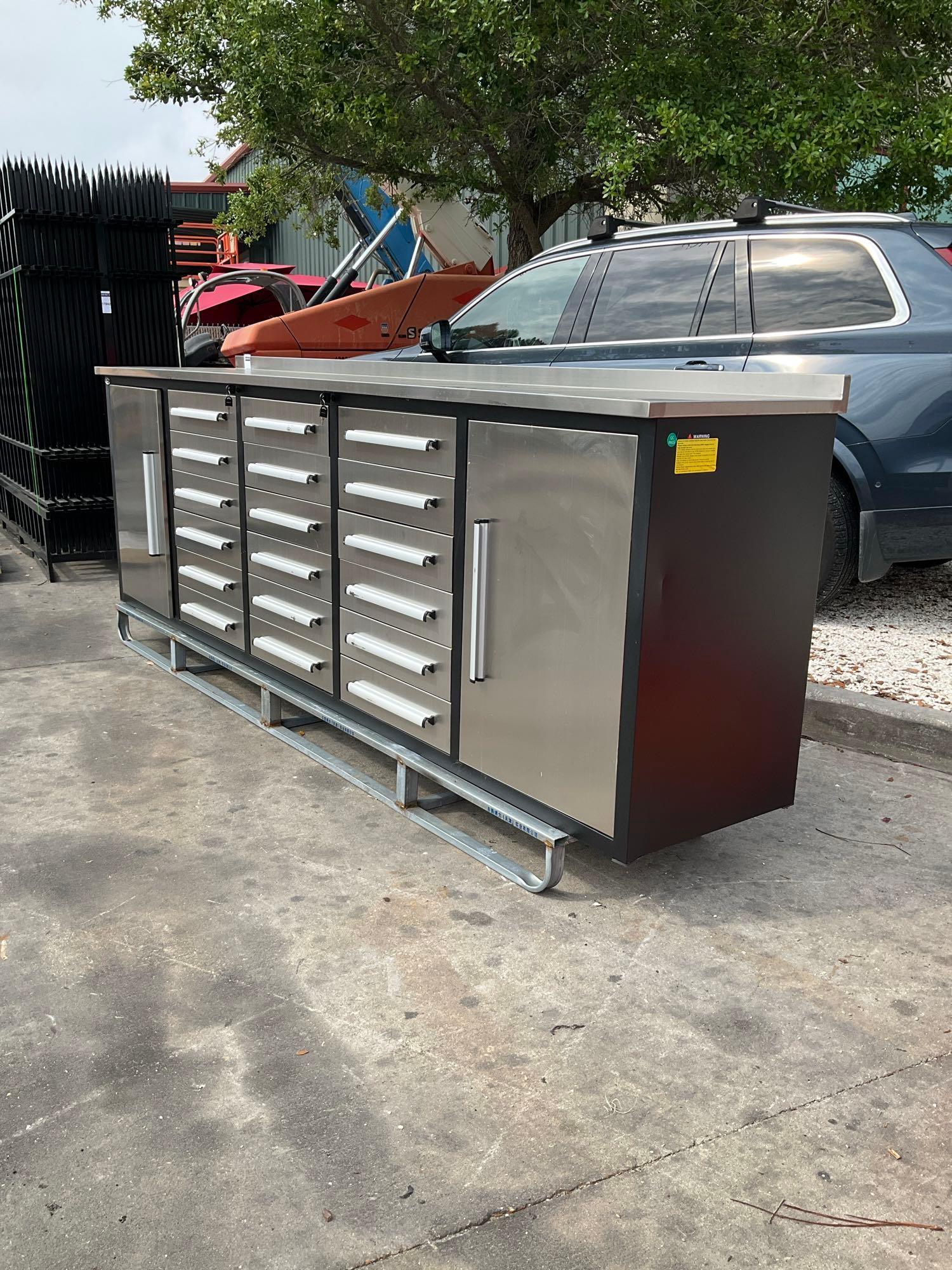 UNUSED CHERY STEELMAN STAINLESS STEEL WORK BENCH, APPROX 10FT, 18 DRAWERS, 2 CABINETS, ALUMINUM H...