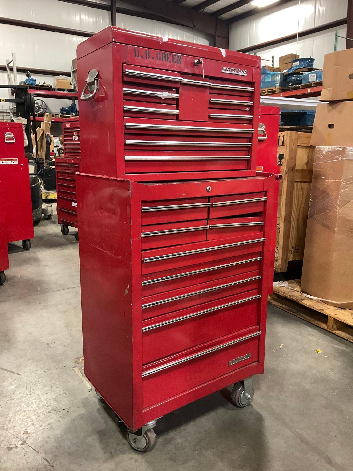 WATERLOO INDUSTRIAL PARTS CABINET / TOOL BOX ON WHEELS WITH CONTENTS , APPROX 30€� W x 18€� L x 5...