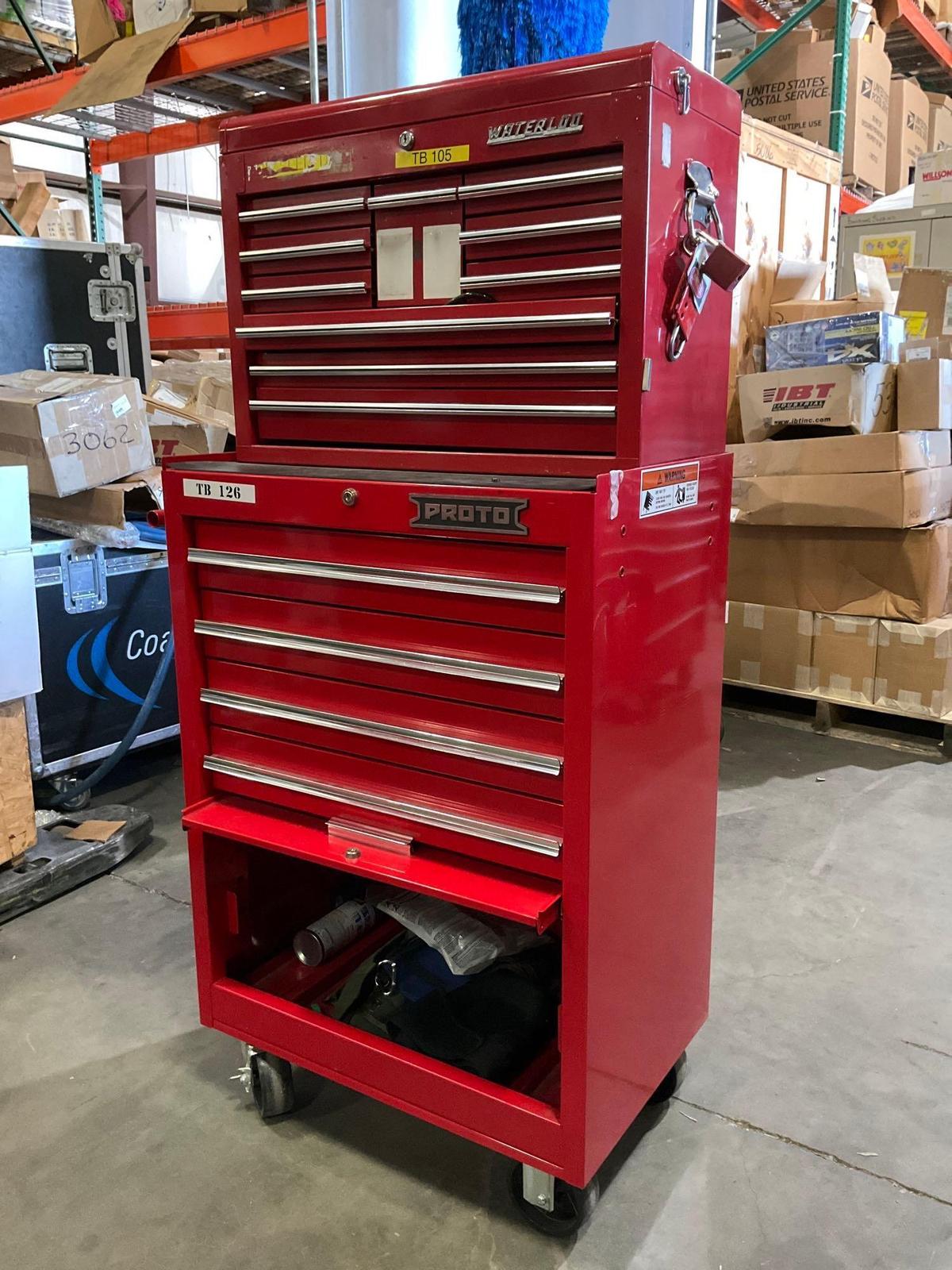 WATERLOO PROTO INDUSTRIAL PARTS CABINET / TOOL BOX ON WHEELS WITH CONTENTS , APPROX 30€� W x 18€� L