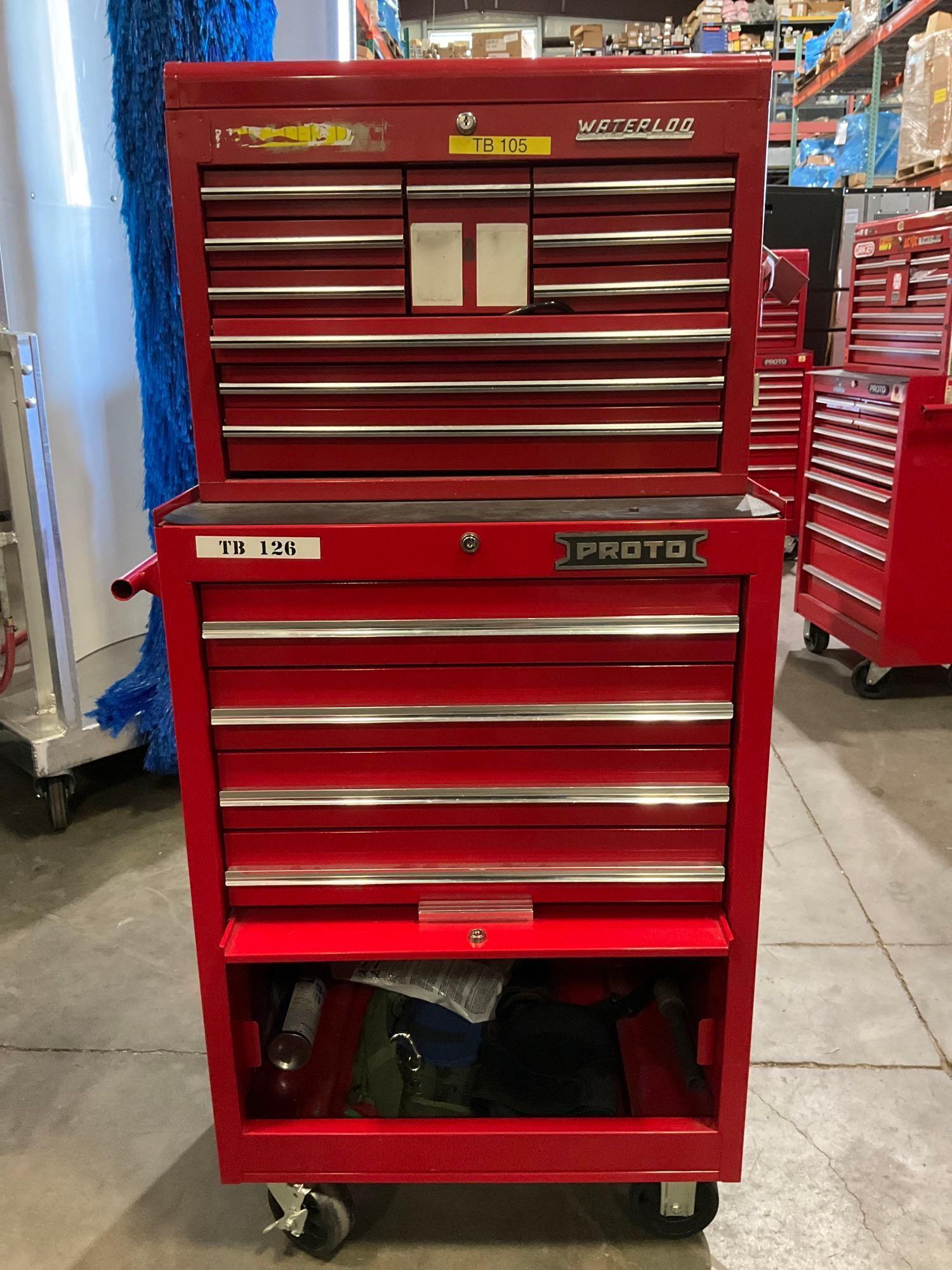 WATERLOO PROTO INDUSTRIAL PARTS CABINET / TOOL BOX ON WHEELS WITH CONTENTS , APPROX 30€� W x 18€� L
