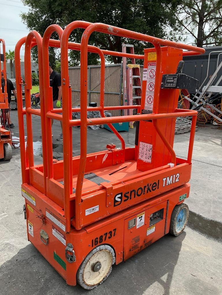 2016 SNORKEL MAN LIFT MODEL TM12 , ELECTRIC, APPROX MAX PLATFORM HEIGHT 12FT, NON MARKING TIRES,