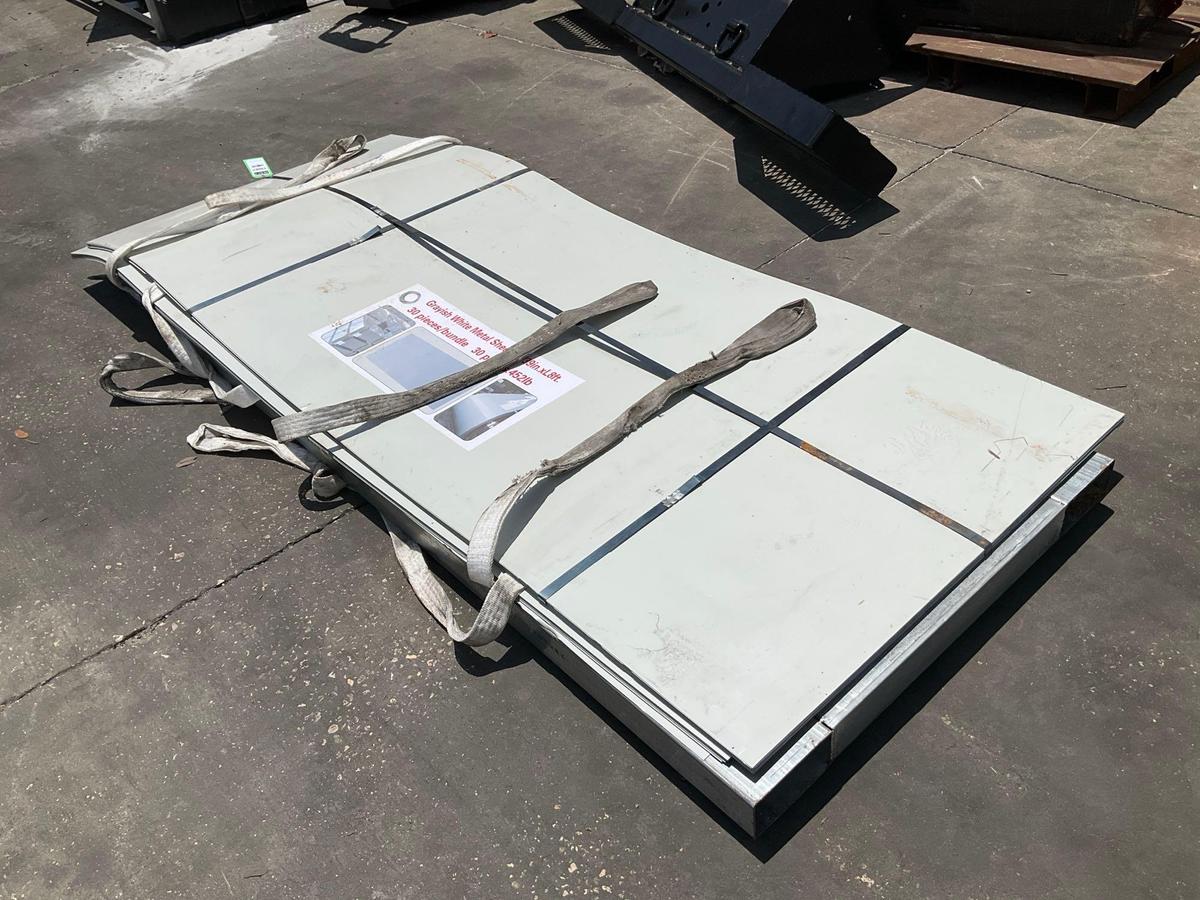 ( 2 ) UNUSED STACK OF METAL SHEET, APPROX 39IN W x 8FT L , APPROX 60 PIECES WITH METAL FORKLIFT P...