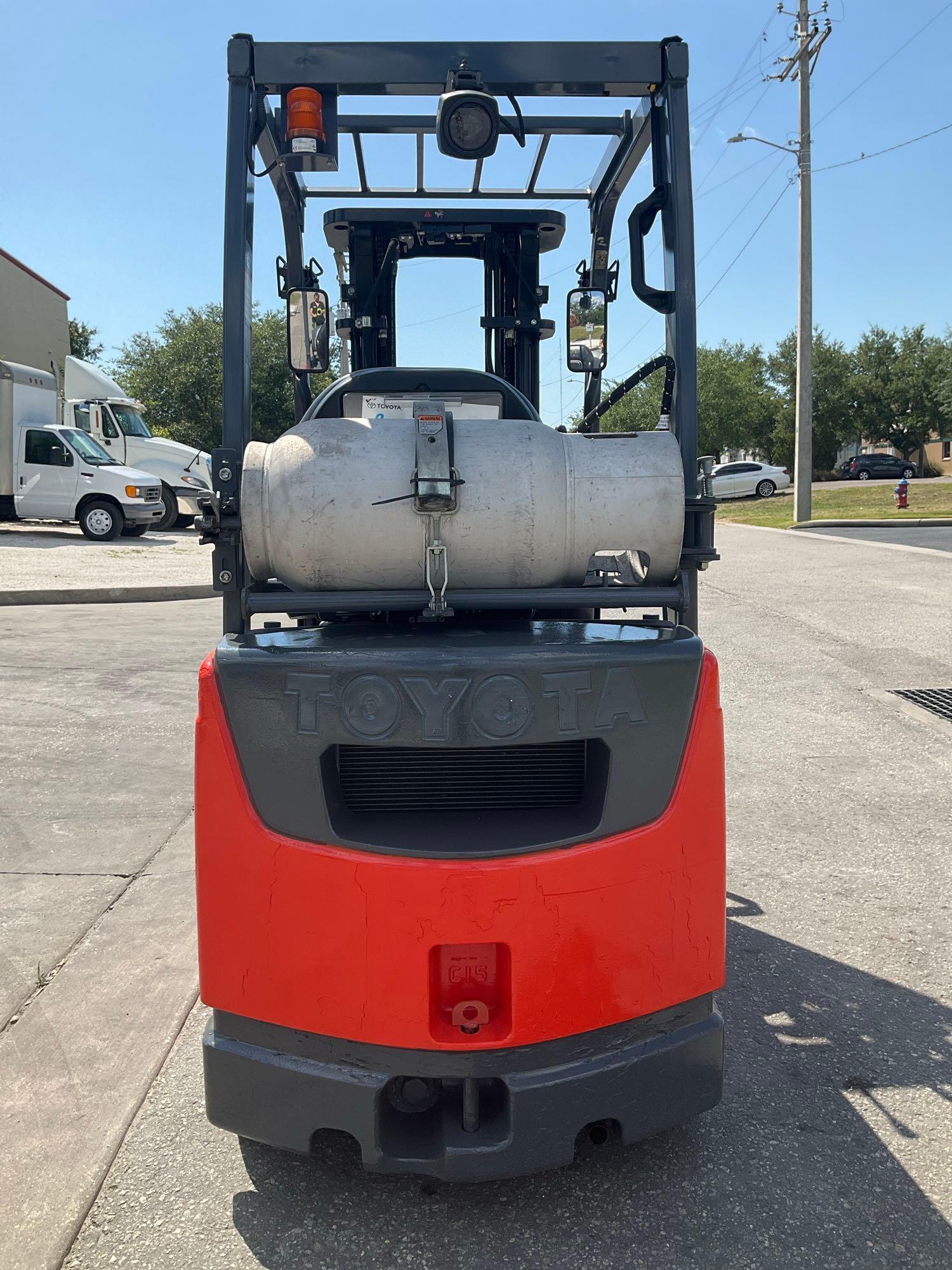 2019 TOYOTA FORKLIFT MODEL 8FGCU15, LP POWERED, APPROX MAX CAPACITY 2500, MAX HEIGHT 189in, TILT,