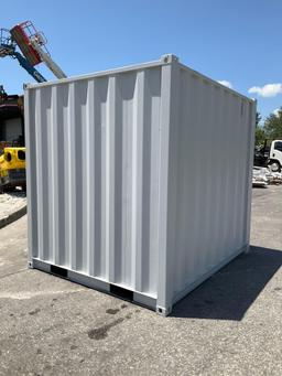 8FT OFFICE / STORAGE CONTAINER, FORK POCKETS WITH SIDE DOOR ENTRANCE & SIDE WINDOW, APPROX 86in T...