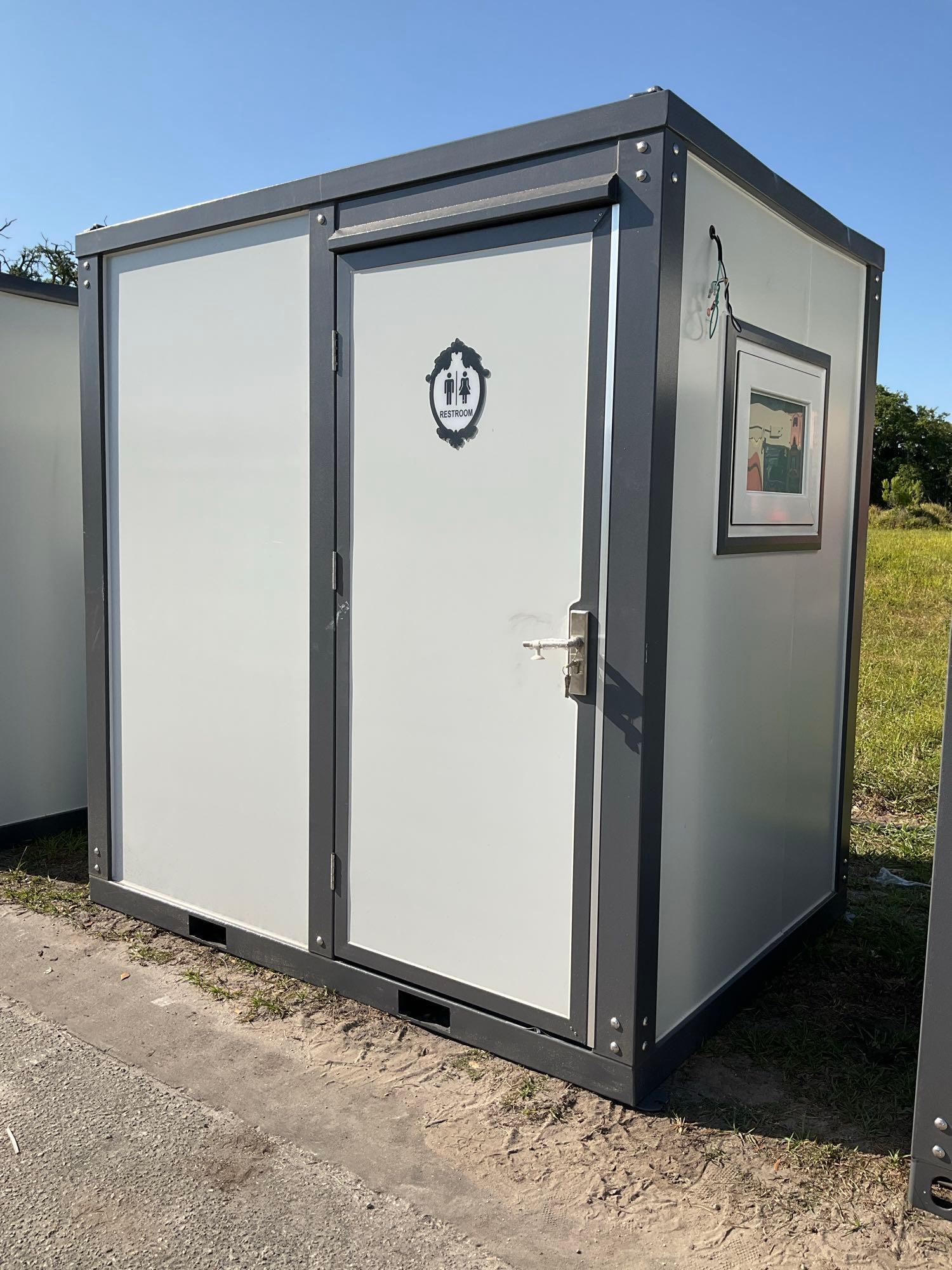 UNUSED PORTABLE BATHROOM UNIT WITH VANITY, SHOWER, TOILET, WINDOW, SINK, EXHAUST FAN, LIGHTS, PAPER