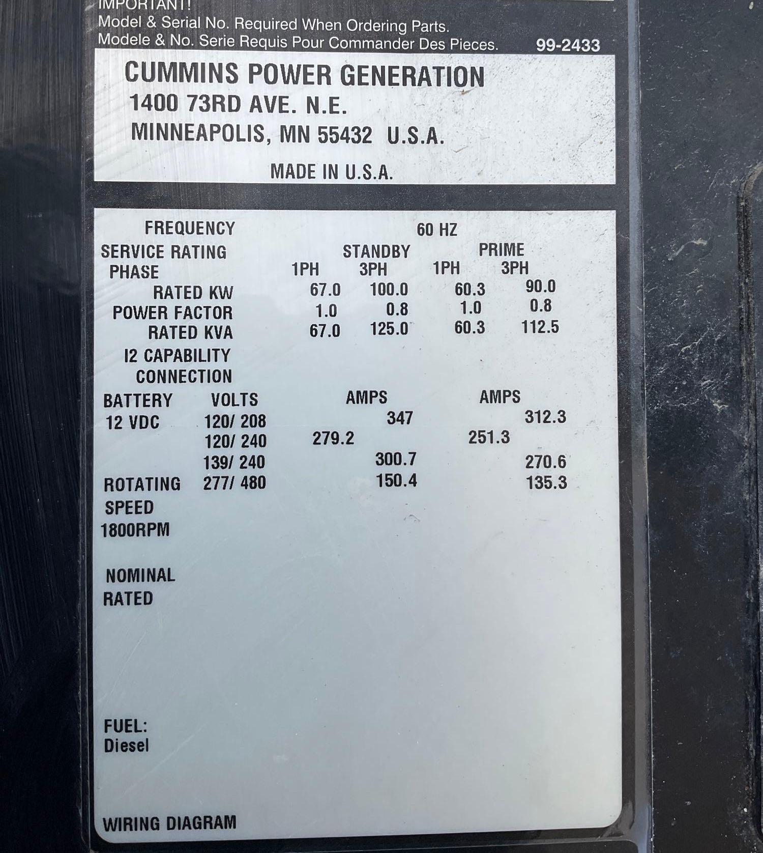 2015 CUMMINS GENERATOR MODEL C100D6R, DIESEL, TRAILER MOUNTED, APPROX PHASE 1/3, APPROX RATED KW