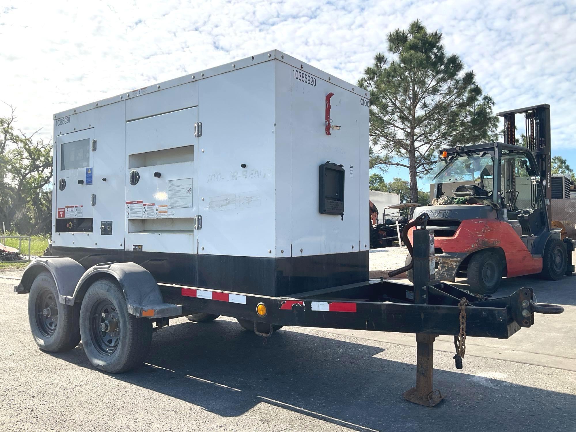 2015 CUMMINS GENERATOR MODEL C100D6R, DIESEL, TRAILER MOUNTED, APPROX PHASE 1/3, APPROX RATED KW