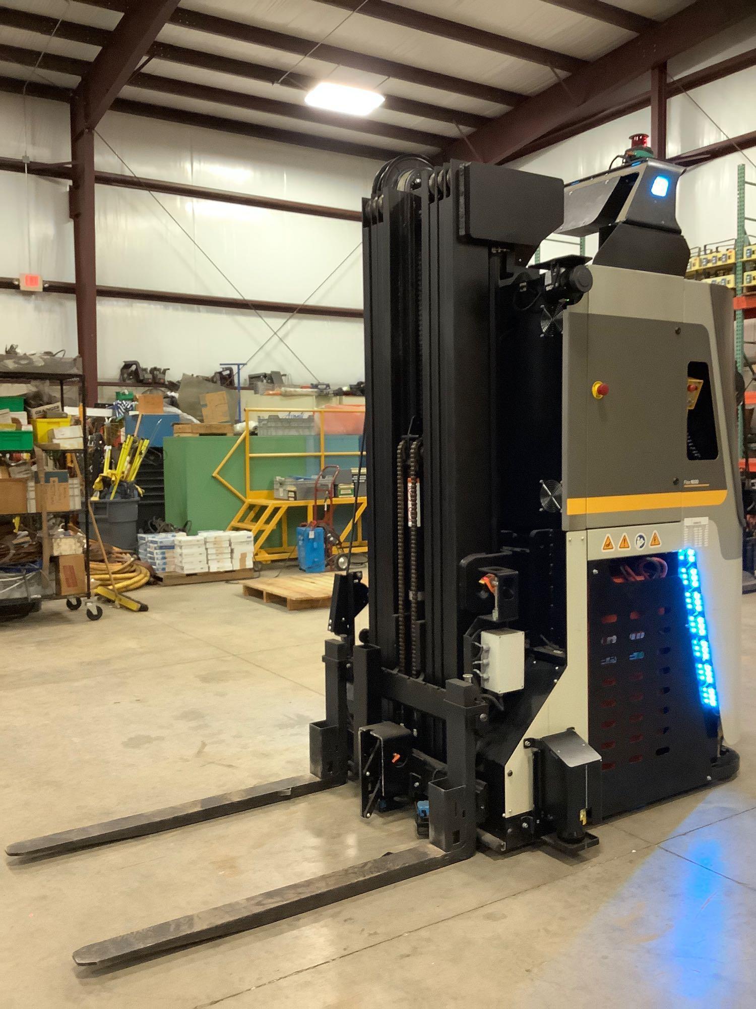 DEMATIC AUTOMATED FLEX FORK 1600 QUAD MAST FORKLIFT, ELECTRIC, APPROX MAX CAPACITY 3,500 LBS