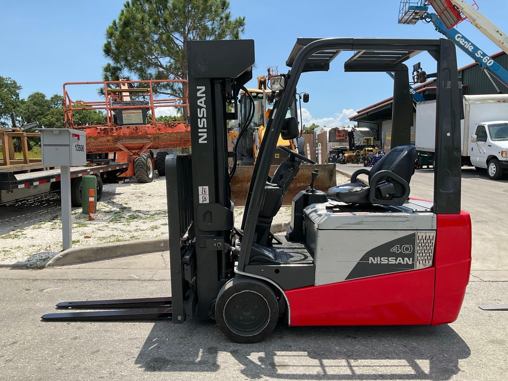 NISSAN 40 FORKLIFT MODEL G1N1L20V, ELECTRIC, APPROX MAX CAPACITY 4,000 LBS, MAX HEIGHT 240in, TILT,