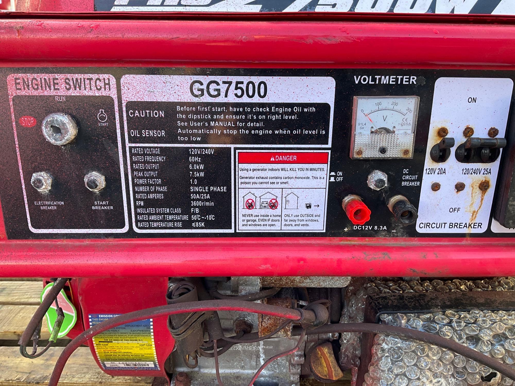 GENTRON PRO2 7500W GENERATOR MIDEL GG7500, GAS POWERED, APPROX 120/240 RATED VOLTS, SINGLE PHASE,