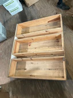 (3) WOODEN ROLLING SHELVES WITH DIVIDERS; APPROXIMATELY 49? L X 40?W X 15?H (3) WOODEN CRATES