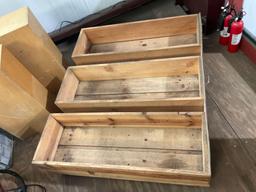 (3) WOODEN ROLLING SHELVES WITH DIVIDERS; APPROXIMATELY 49? L X 40?W X 15?H (3) WOODEN CRATES