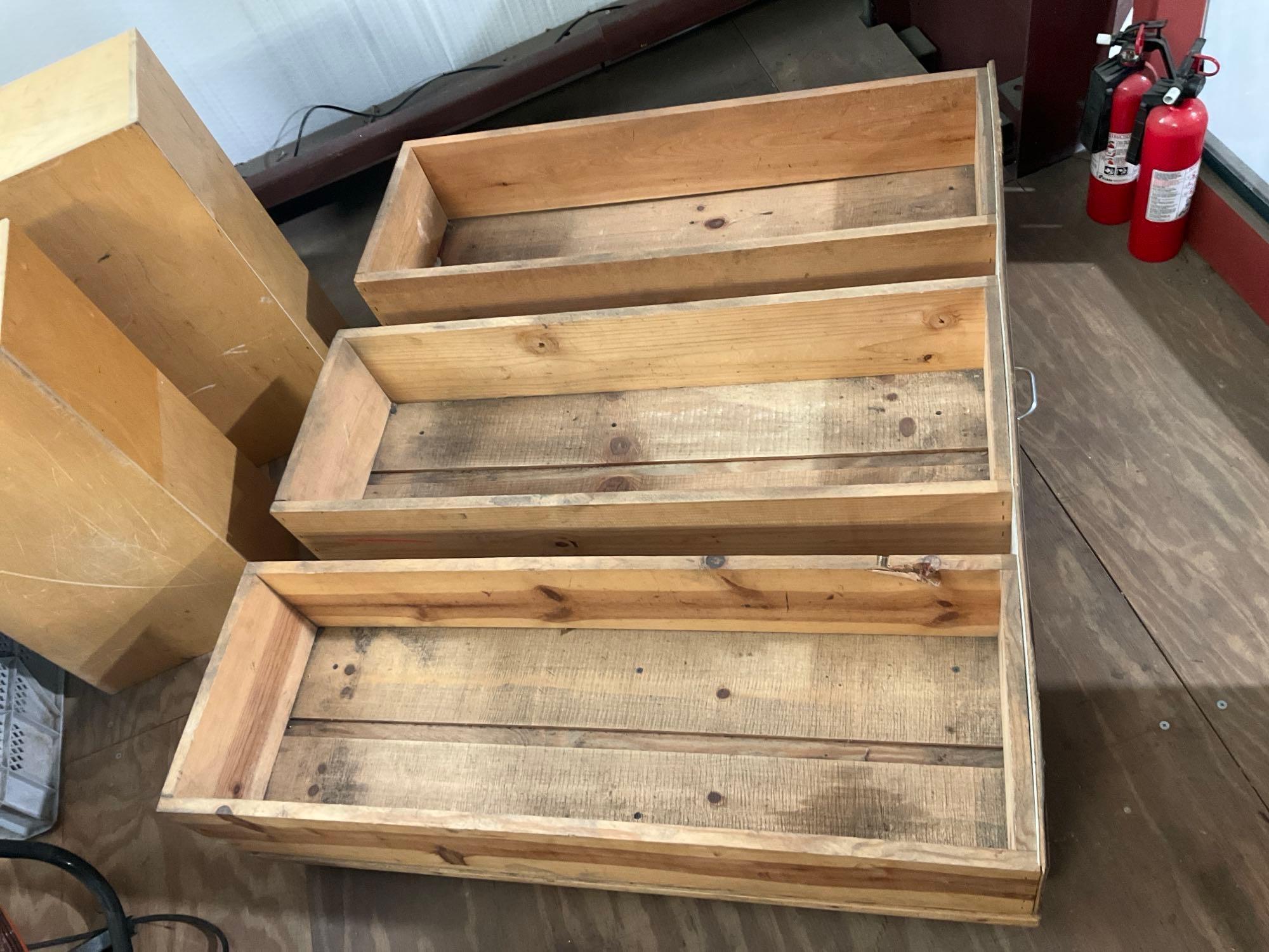 (3) WOODEN ROLLING SHELVES WITH DIVIDERS; APPROXIMATELY 49? L X 40?W X 15?H (3) WOODEN CRATES