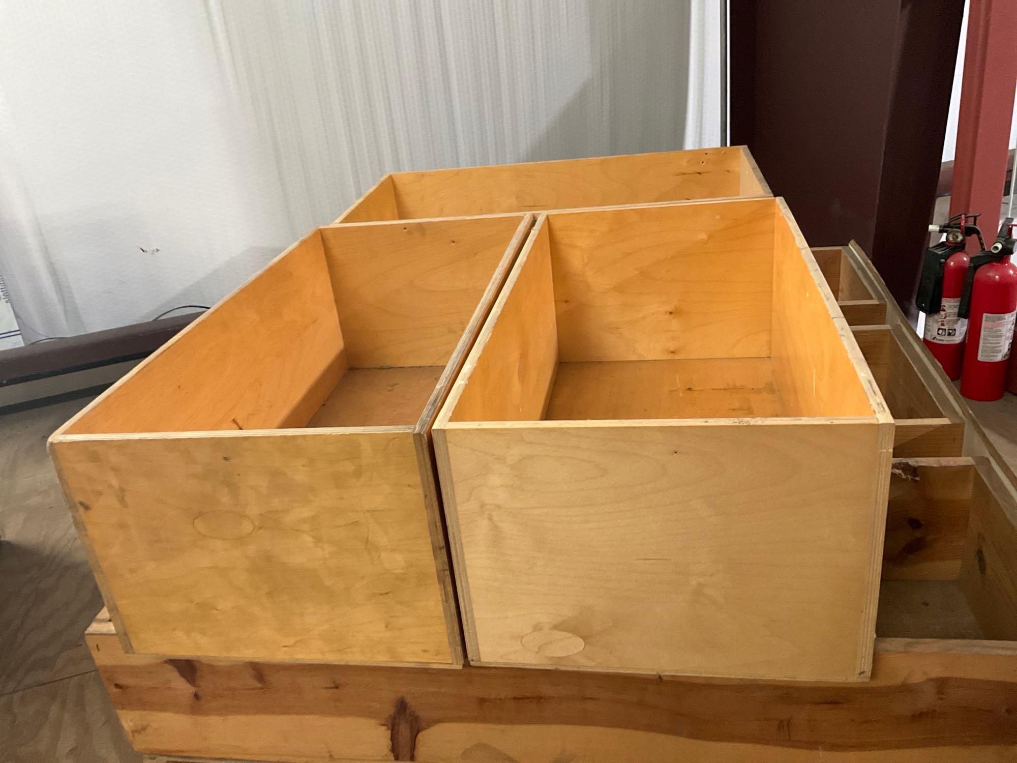 (3) WOODEN ROLLING SHELVES WITH DIVIDERS; APPROXIMATELY 49? L X 40?W X 15?H (3) WOODEN CRATES