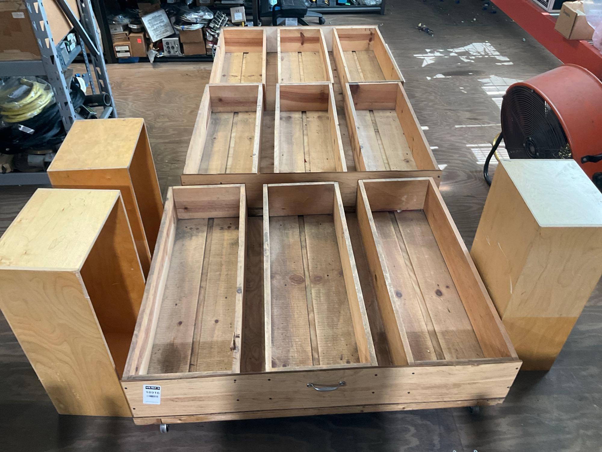 (3) WOODEN ROLLING SHELVES WITH DIVIDERS; APPROXIMATELY 49? L X 40?W X 15?H (3) WOODEN CRATES