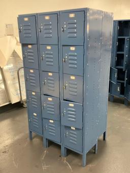 ( 2 ) 15 LOCKER CABINETS (15 LOCKERS PER CABINET), APPROX 36" W x 12" L x 66" T