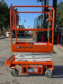 2015 SNORKEL SCISSOR LIFT MODEL S3008P, ELECTRIC, APPROX MAX PLATFORM HEIGHT 8FT, BUILT IN BATTERY