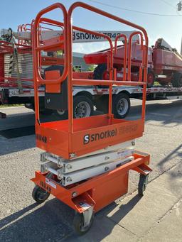 2015 SNORKEL SCISSOR LIFT MODEL S3008P, ELECTRIC, APPROX MAX PLATFORM HEIGHT 8FT, BUILT IN BATTERY