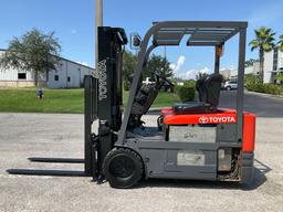 TOYOTA FORKLIFT MODEL 5FBE15, ELECTRIC, APPROX MAX CAPACITY 2800, MAX HEIGHT 107IN, TILT, SIDE SH...