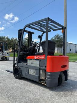 TOYOTA FORKLIFT MODEL 5FBE15, ELECTRIC, APPROX MAX CAPACITY 2800, MAX HEIGHT 107IN, TILT, SIDE SH...