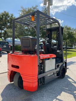 TOYOTA FORKLIFT MODEL 5FBE15, ELECTRIC, APPROX MAX CAPACITY 2800, MAX HEIGHT 107IN, TILT, SIDE SH...