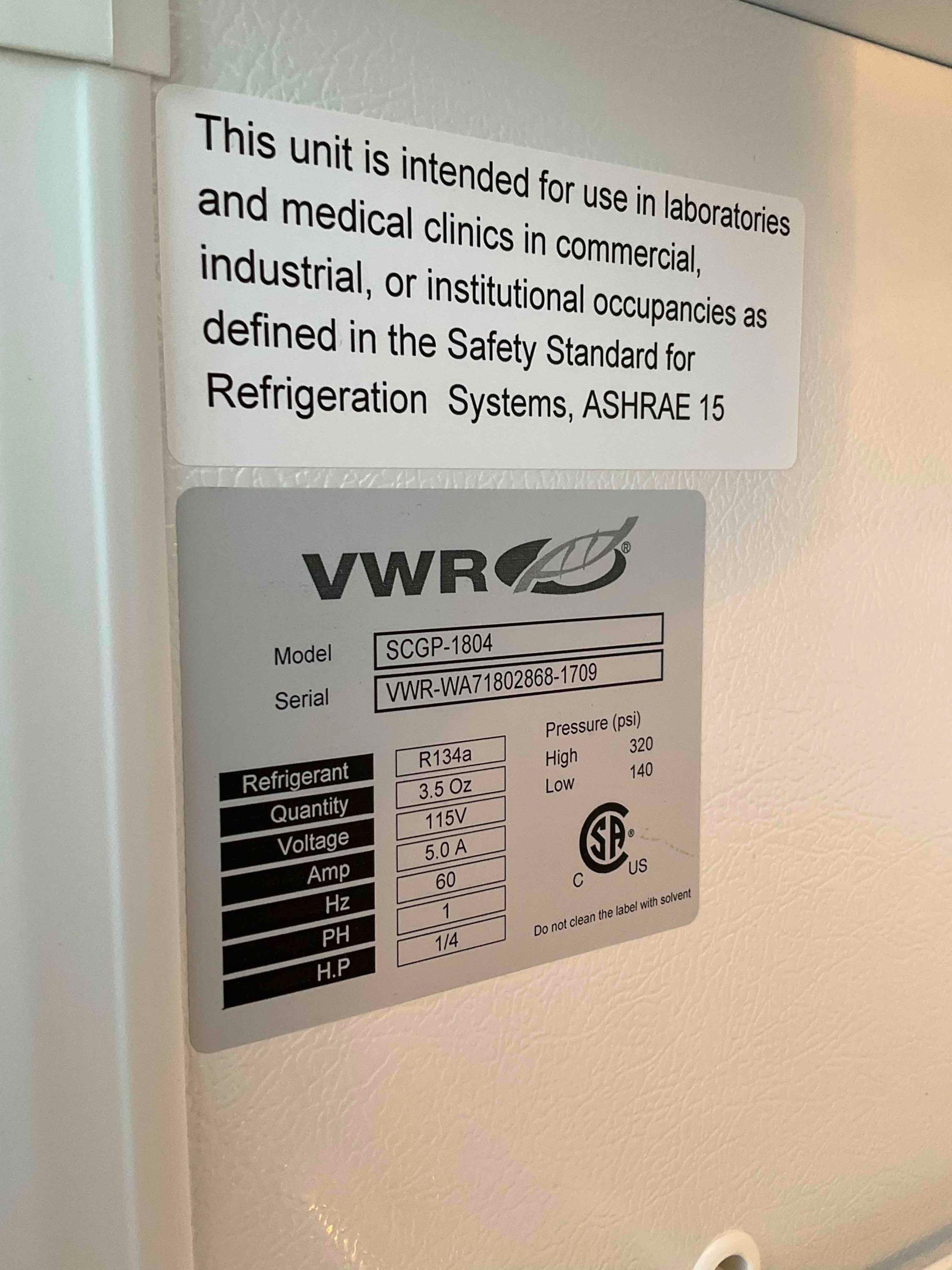 VWR REFRIGERATOR MODEL SCGP-1804; 115 V, 5.0 A, 60 HZ, 1 PHASE