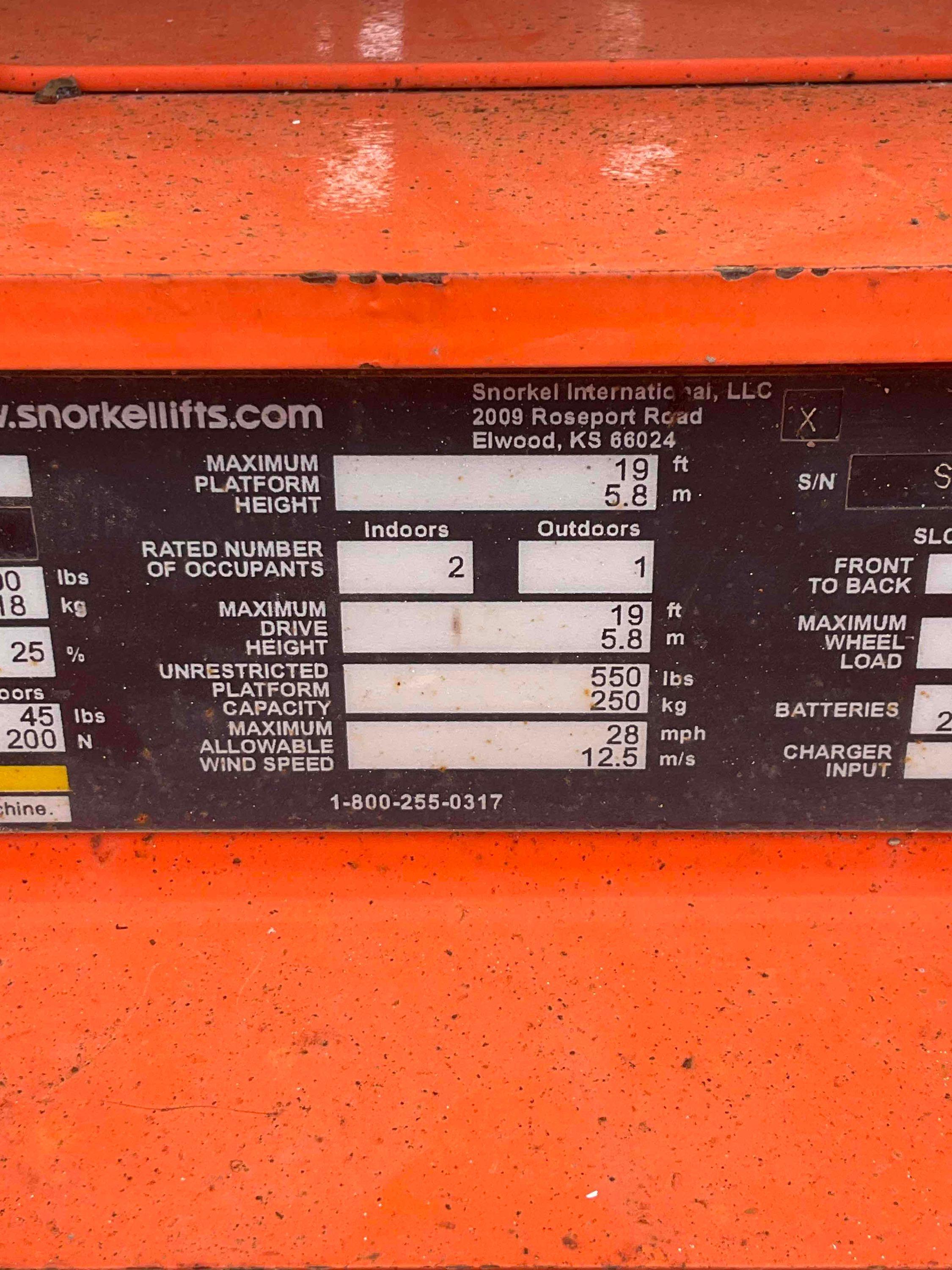 2018 SNORKEL SCISSOR LIFT MODEL S3219E ANSI , ELECTRIC, APPROX MAX PLATFORM HEIGHT 19FT, NON MARK...