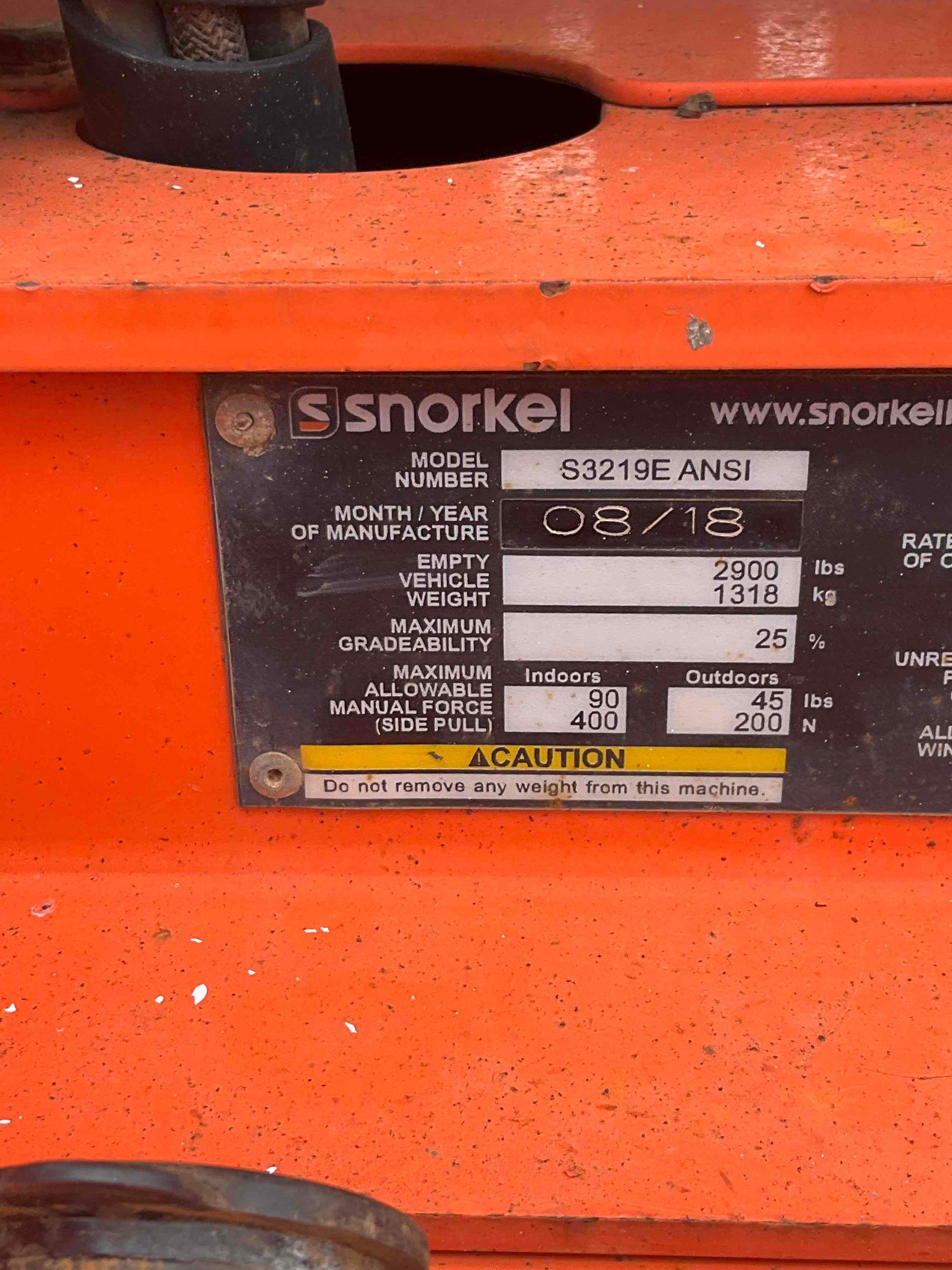 2018 SNORKEL SCISSOR LIFT MODEL S3219E ANSI , ELECTRIC, APPROX MAX PLATFORM HEIGHT 19FT, NON MARK...