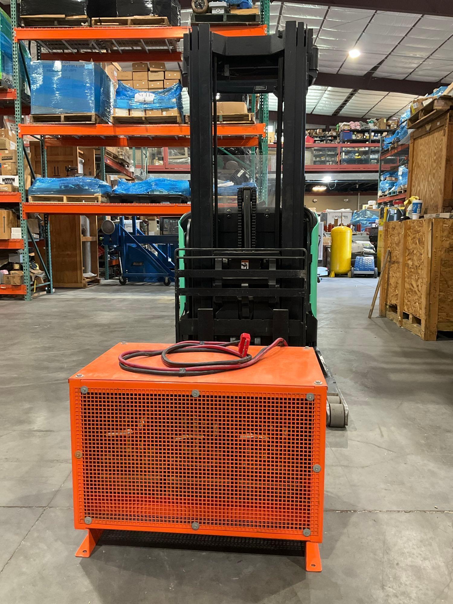 MITSUBISHI REACH FORKLIFT MODEL ESR15N-24V,...ELECTRIC, APPROX MAX CAPACITY 3000LBS, MAX HEIGHT 2...