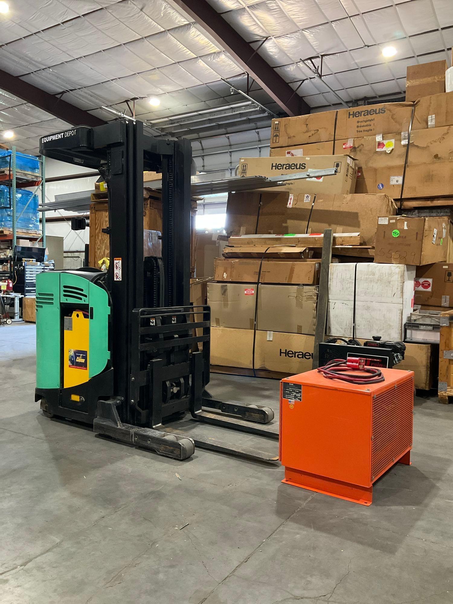 MITSUBISHI REACH FORKLIFT MODEL ESR15N-24V,...ELECTRIC, APPROX MAX CAPACITY 3000LBS, MAX HEIGHT 2...