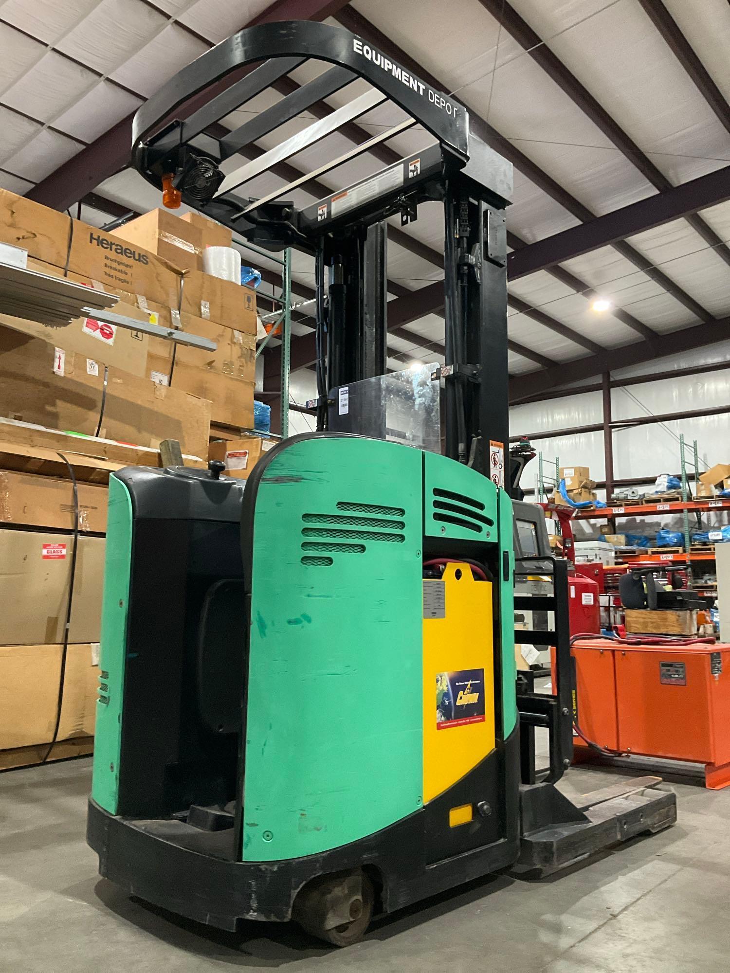 MITSUBISHI REACH FORKLIFT MODEL ESR15N-24V,...ELECTRIC, APPROX MAX CAPACITY 3000LBS, MAX HEIGHT 2...