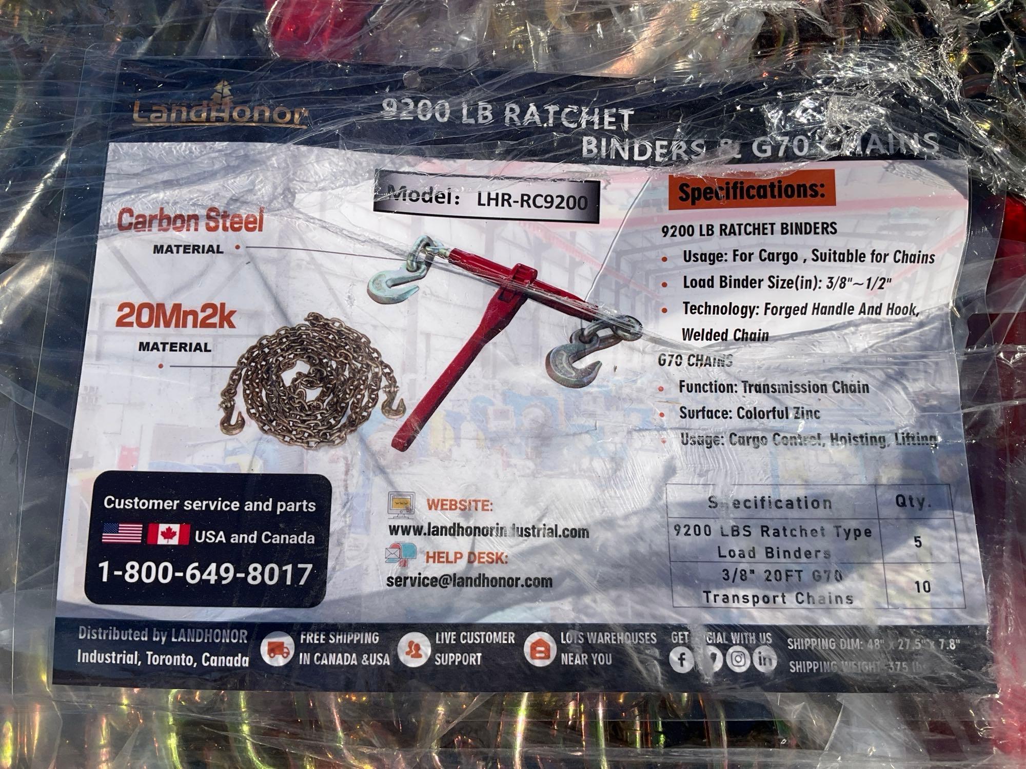 UNUSED LANDHONOR...RATCHET BINDERS & CHAINS SET MODEL LHR-RC9200, 5 BINDERS (9,200LB) &...10 G70 ...
