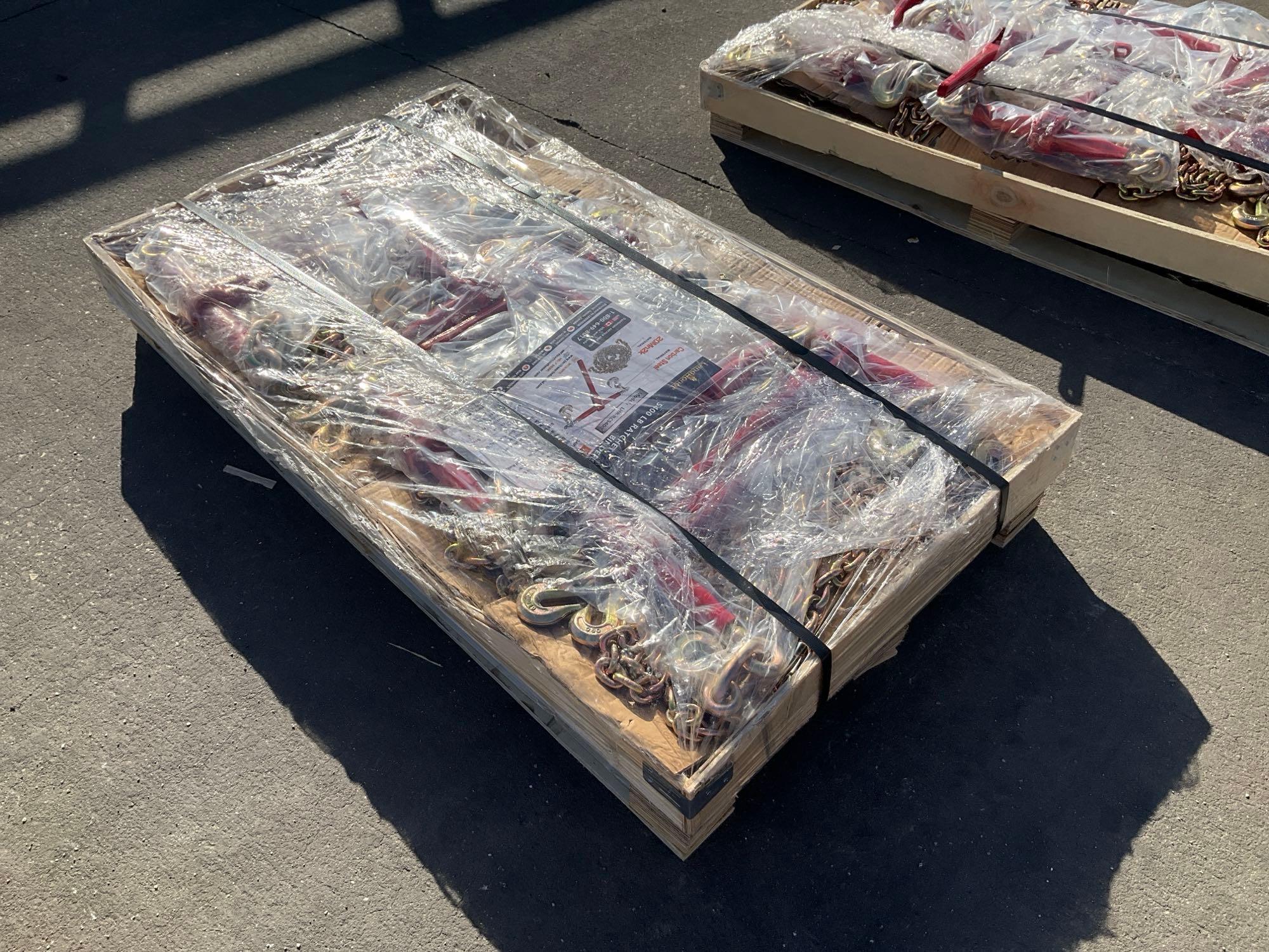 UNUSED LANDHONOR RATCHET BINDERS & CHAINS SET MODEL LHR-RC5400, 8 BINDERS (5,400LB) & 16 G70 5/16...