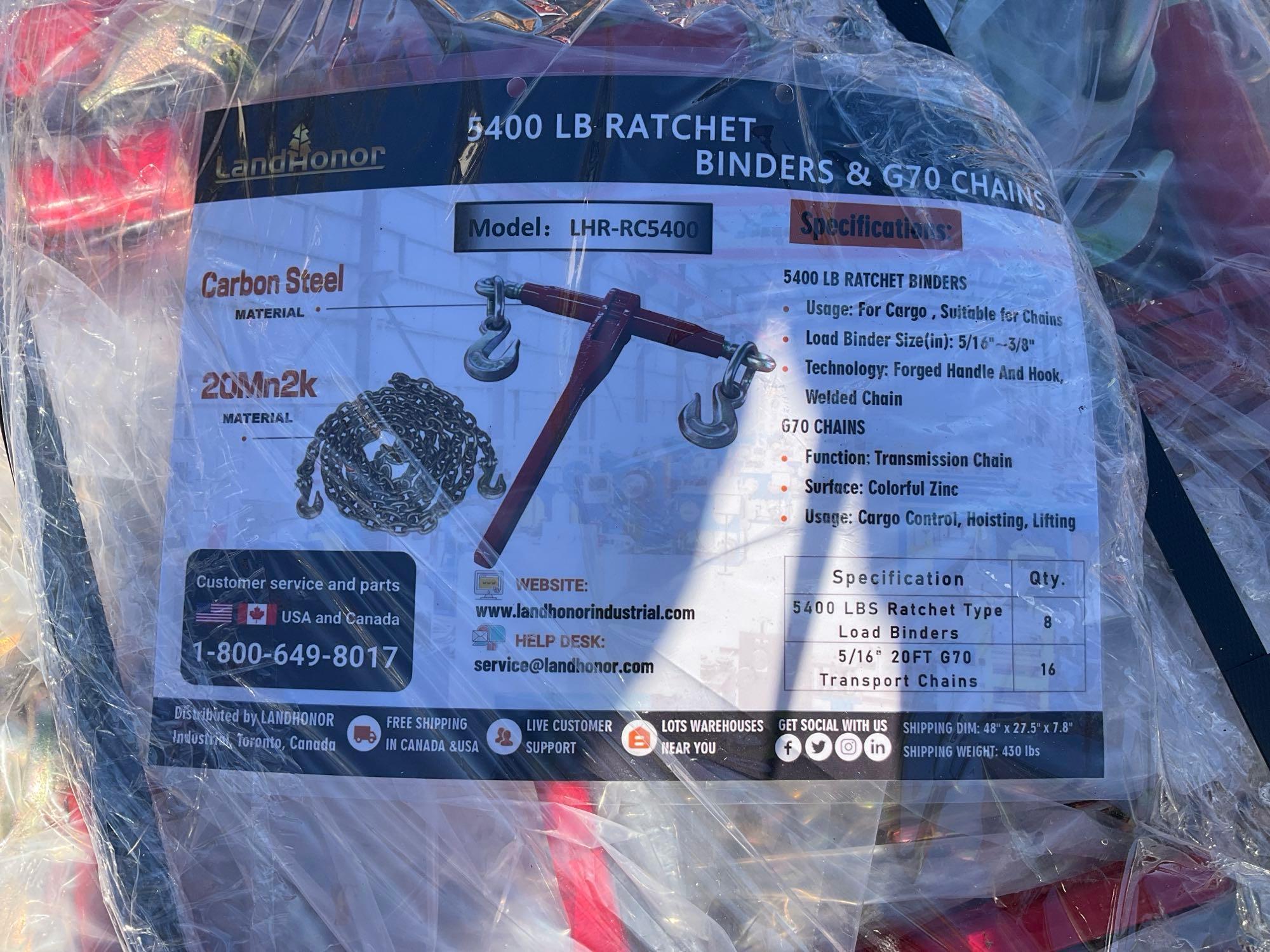 UNUSED LANDHONOR RATCHET BINDERS & CHAINS SET MODEL LHR-RC5400, 8 BINDERS (5,400LB) & 16 G70 5/16...