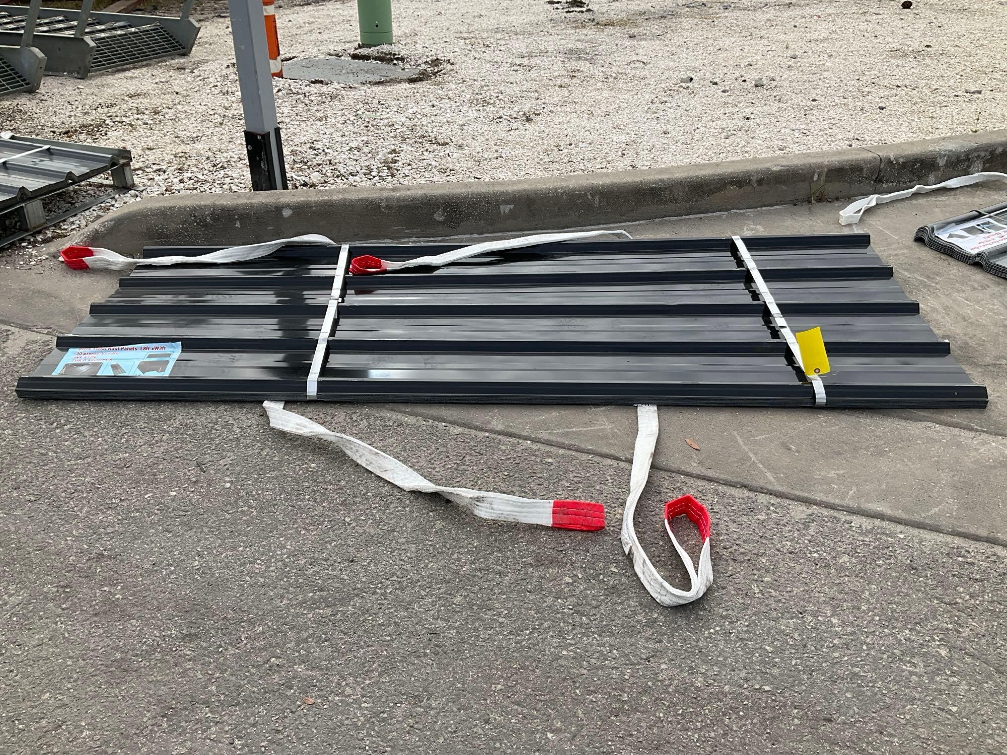 ( 1 ) STACK OF UNUSED METAL ROOF PANELS, APPROX 8FT L x 3FT W , APPROX QTY 30 PANELS
