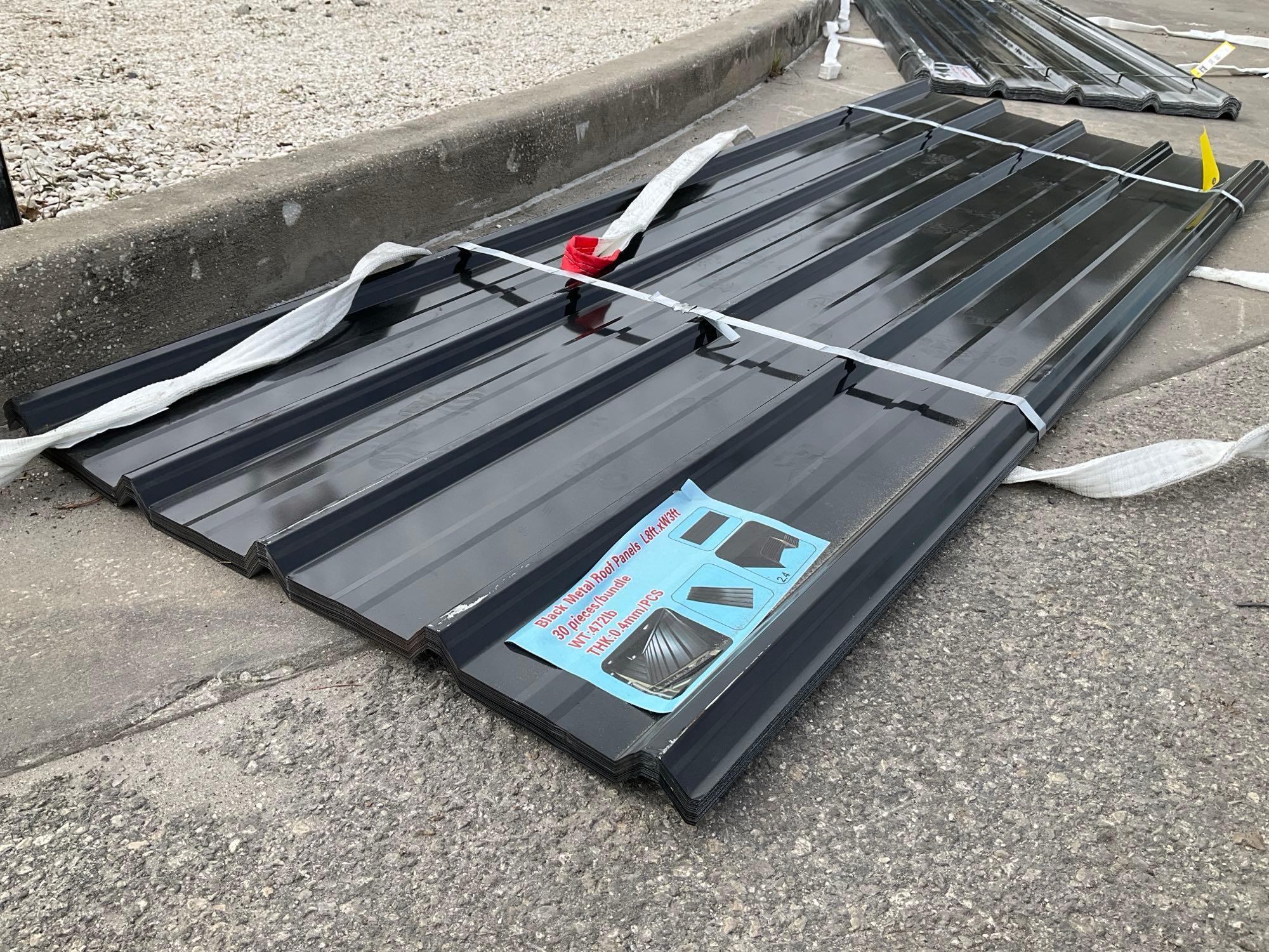 ( 1 ) STACK OF UNUSED METAL ROOF PANELS, APPROX 8FT L x 3FT W , APPROX QTY 30 PANELS