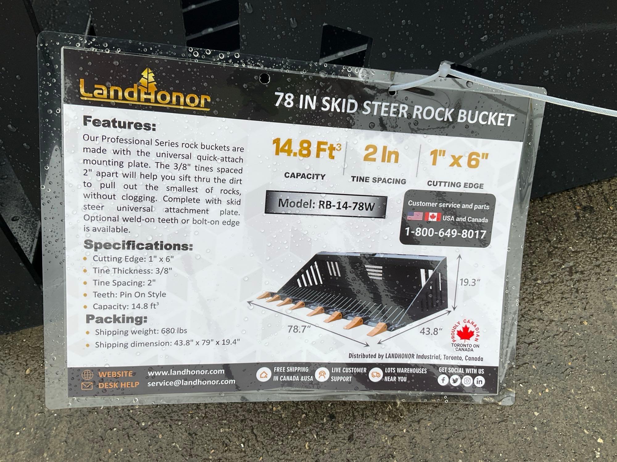 UNUSED 2023 LANDHONOR 78in ROCK BUCKET ATTACHMENT MODEL RB-14-78W FOR UNIVERSAL SKID STEER...( PL...