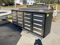 UNUSED CHERY STEELMAN...STAINLESS STEEL WORK BENCH, APPROX 7FT, 20DRAWERS, KEYS TO LOCK,...ALUMIN...