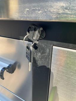 UNUSED CHERY STEELMAN...STAINLESS STEEL WORK BENCH, APPROX 7FT, 20DRAWERS, KEYS TO LOCK,...ALUMIN...