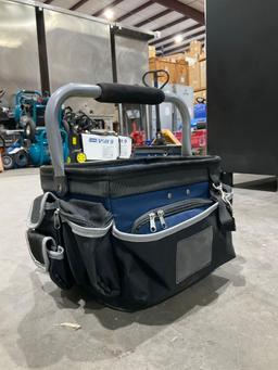 UNUSED FRONTIERTOTE TOOL BAG W/ (8 ) UNUSED WOOD TUFF TOWRATCHET TIE DOWNS, RATCHETS APPROX 15FT