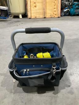 UNUSED FRONTIERTOTE TOOL BAG W/ (8 ) UNUSED WOOD TUFF TOWRATCHET TIE DOWNS, RATCHETS APPROX 15FT