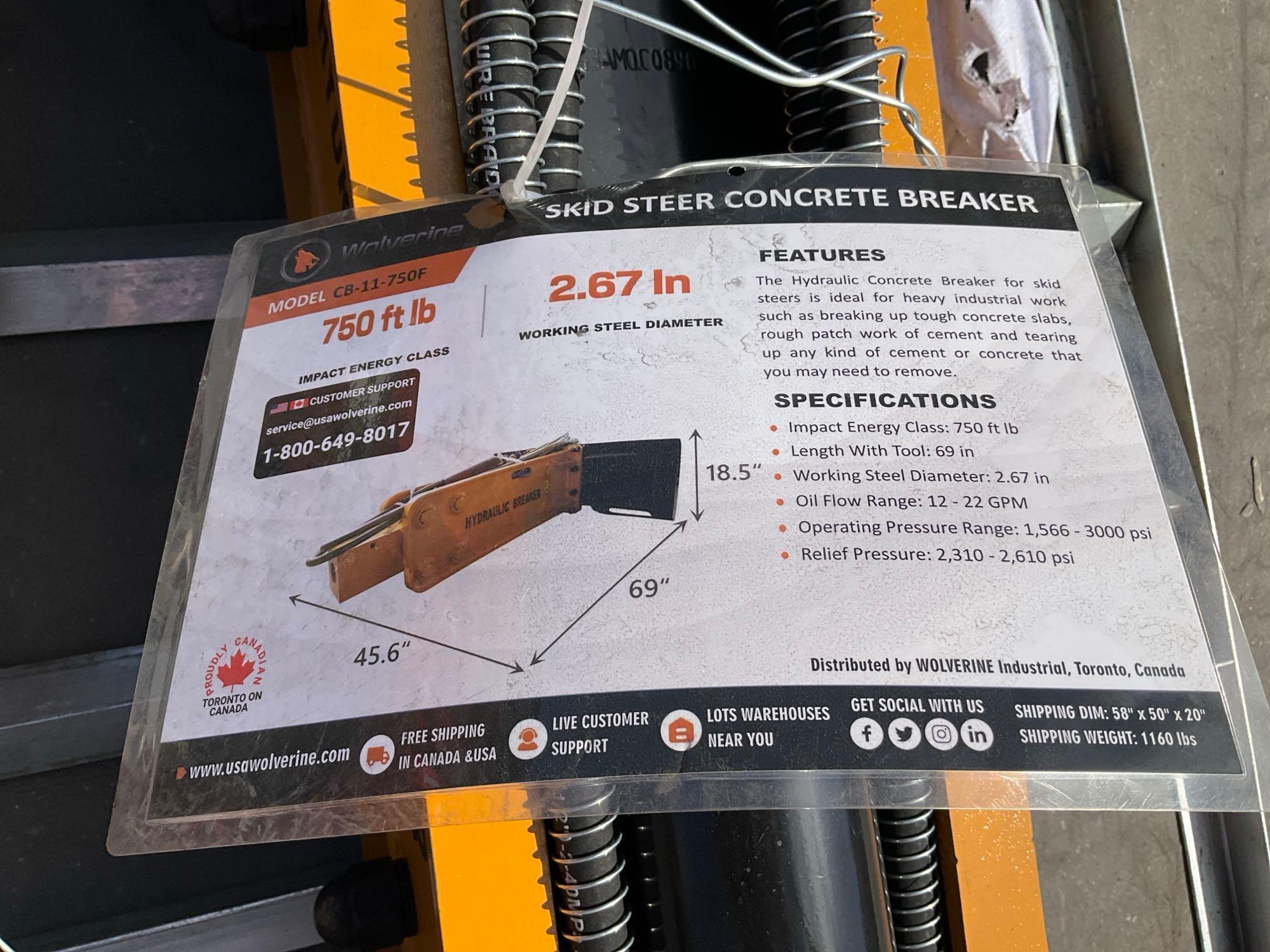 UNUSED 2025 WOLVERINE CONCRETE HYDRAULIC BREAKER ATTACHMENT MODEL CB-11-750F FOR UNIVERSAL SKID