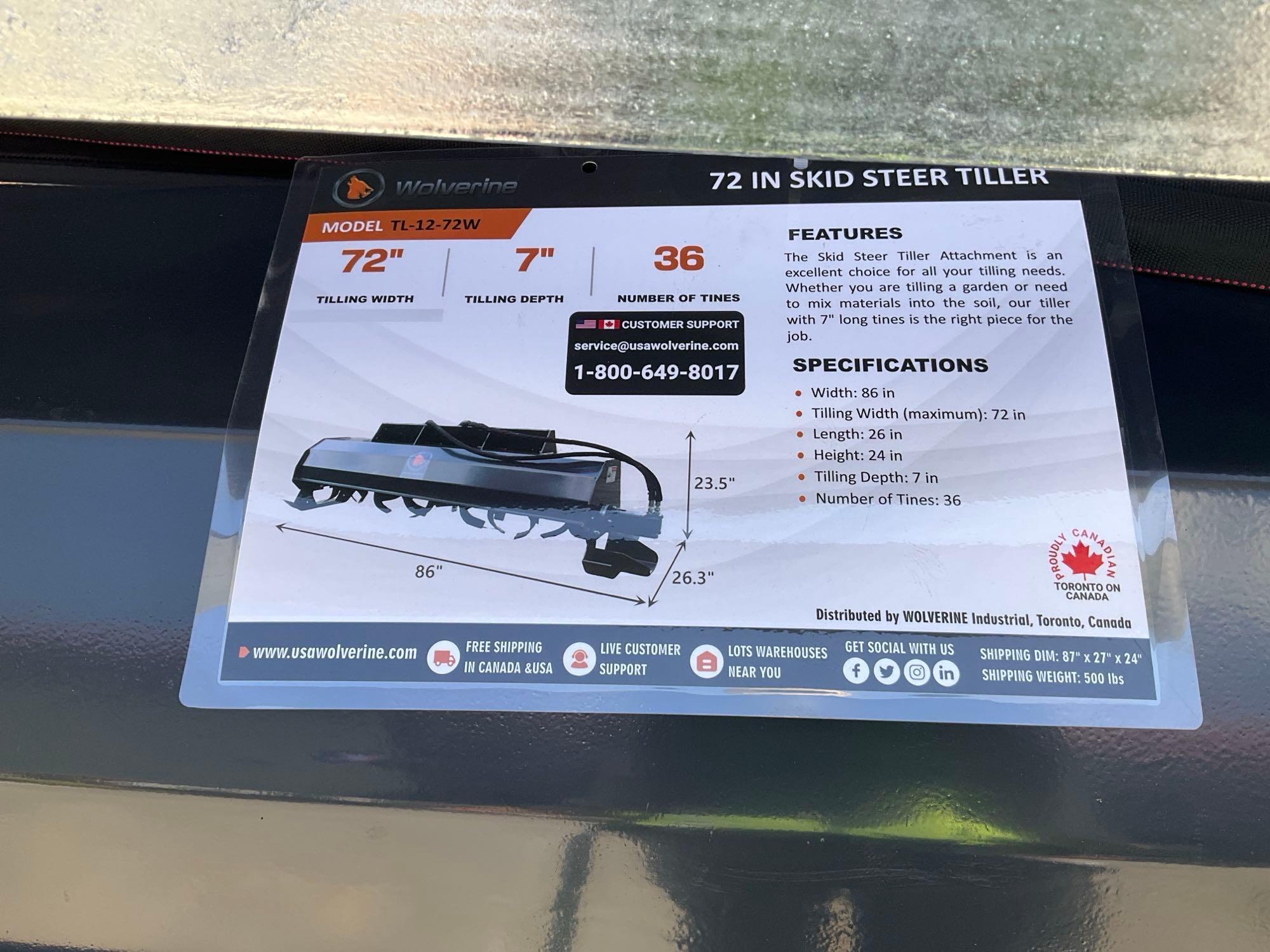 UNUSED 2025 WOLVERINE TILLER ATTACHMENT MODEL TL-12-72W FOR UNIVERSAL SKID STEER, APPROX 72in W (...