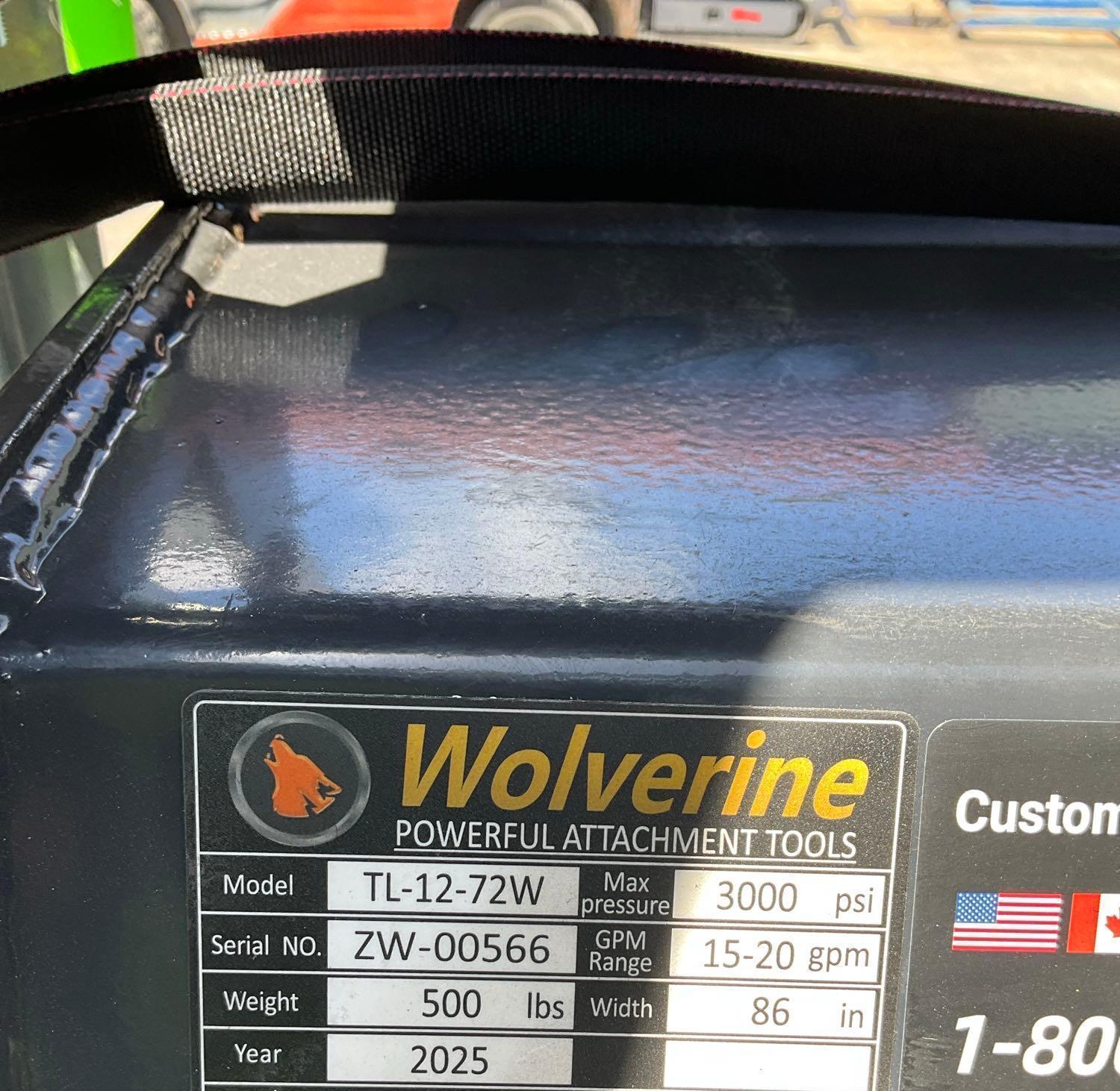 UNUSED 2025 WOLVERINE TILLER ATTACHMENT MODEL TL-12-72W FOR UNIVERSAL SKID STEER, APPROX 72in W (...