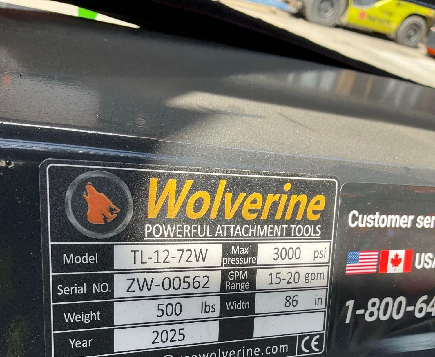 UNUSED 2025 WOLVERINE TILLER ATTACHMENT MODEL TL-12-72W FOR UNIVERSAL SKID STEER, APPROX 72in W (...