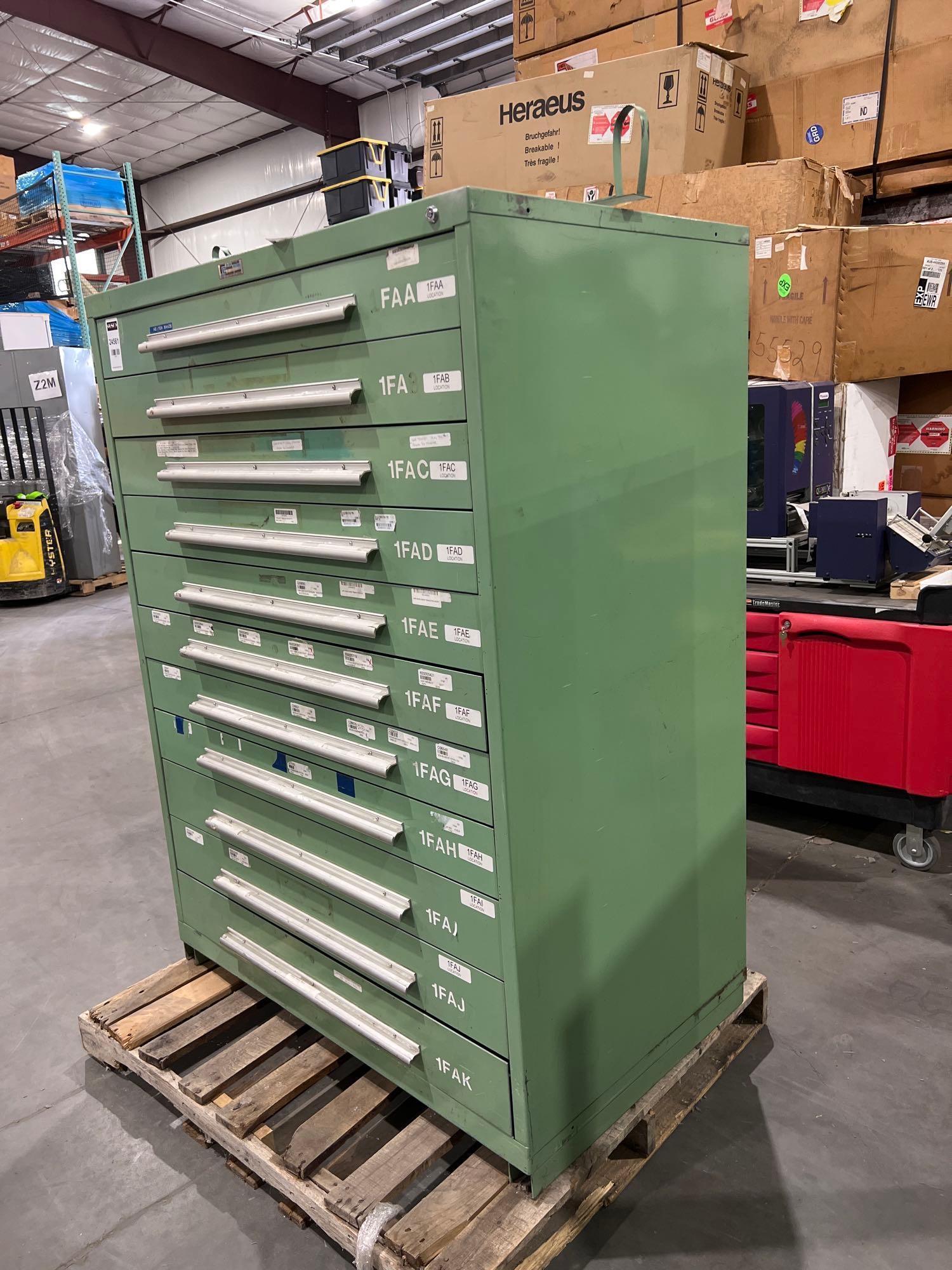 METAL INDUSTRIAL TOOL CABINET; 11 DRAWERS; APPROXIMATELY 46 IN L X 28 IN W X 62 IN T