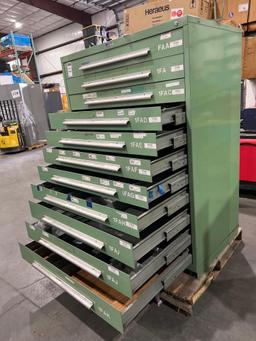 METAL INDUSTRIAL TOOL CABINET; 11 DRAWERS; APPROXIMATELY 46 IN L X 28 IN W X 62 IN T