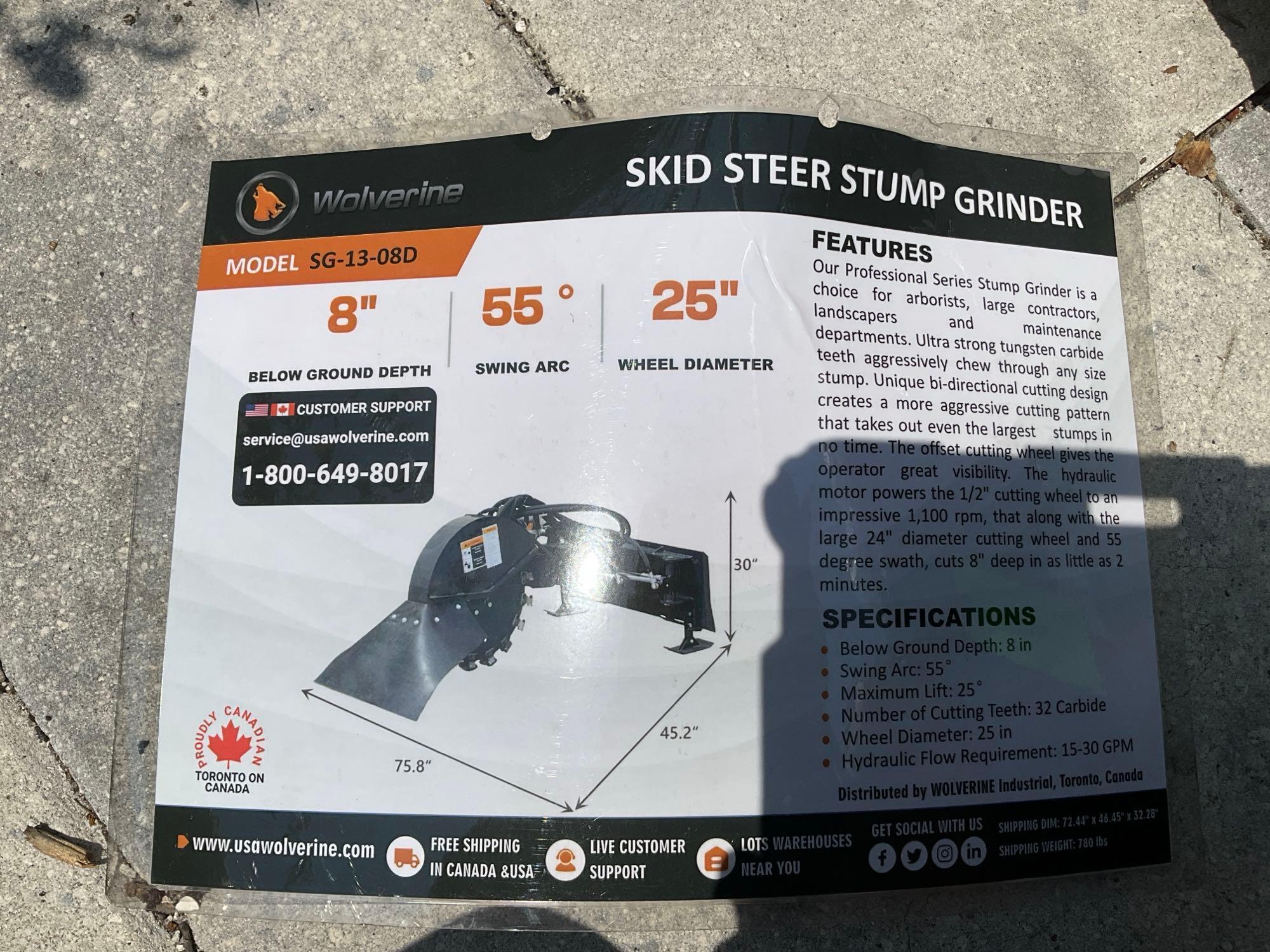UNUSED 2025 STUMP GRINDER ATTACHMENT MODEL SG-13-08D FOR UNIVERSAL SKID STEER, REMOTE CONTROL INC...