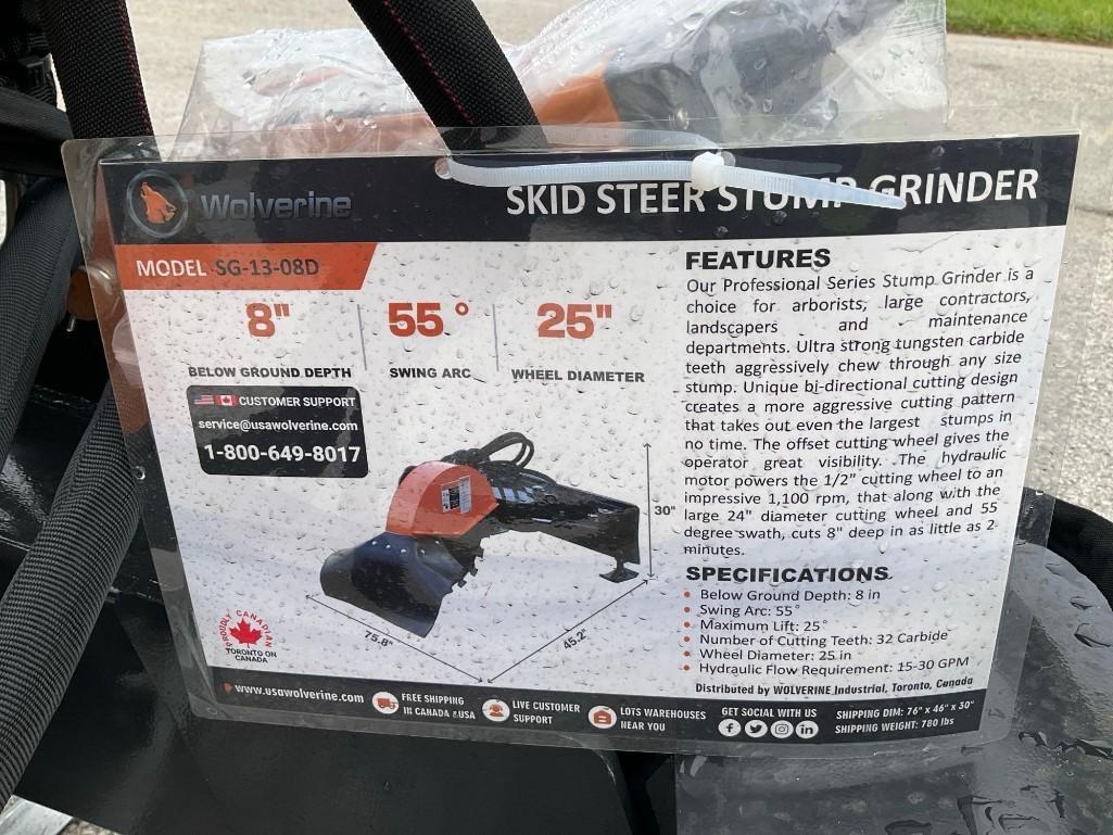 UNUSED 2025 STUMP GRINDER ATTACHMENT MODEL SG-13-08D FOR UNIVERSAL SKID STEER, REMOTE CONTROL INC...