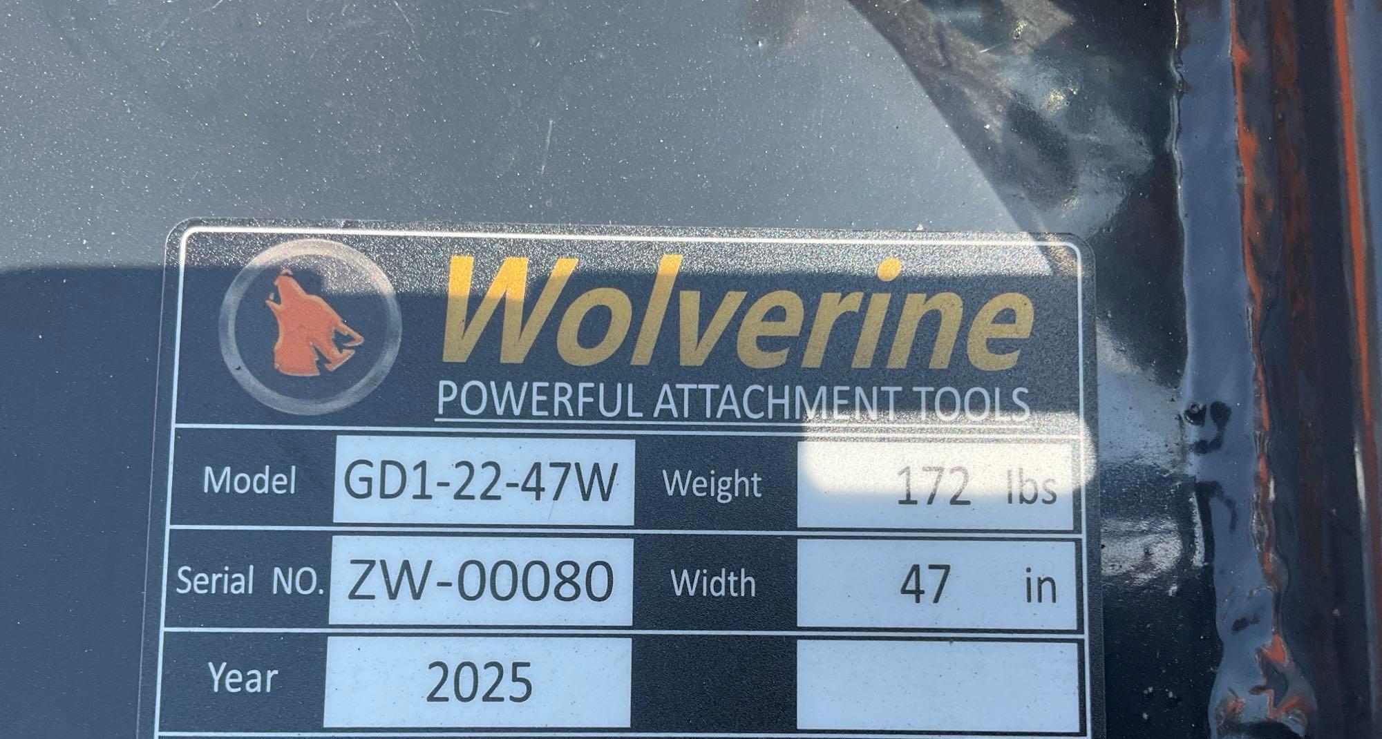 UNUSED 2025 WOLVERINE ATTACHMENT MODEL GD1-22-47W, APPROX 47in W